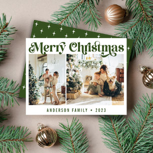 Green Minimalist Retro Christmas Two Photo Holiday Card