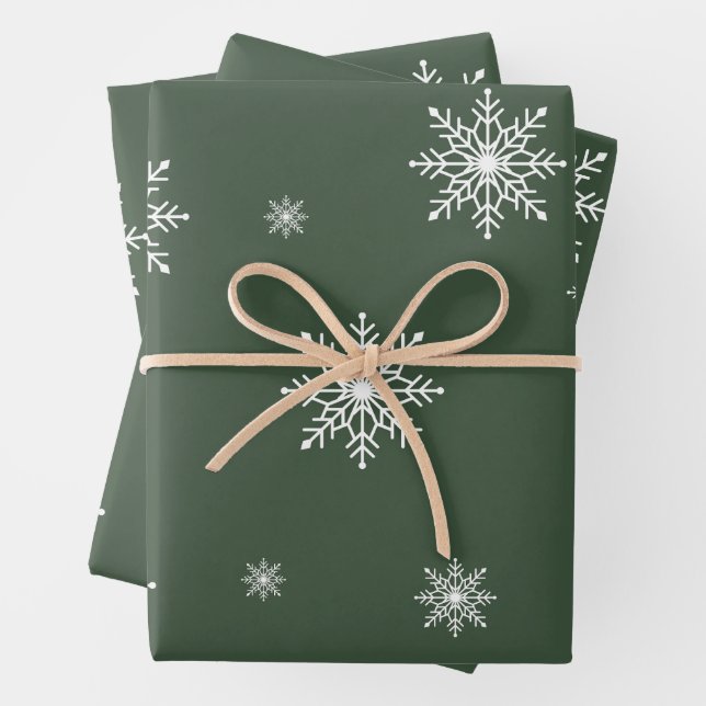 Green Minimalist Snowflakes Christmas  Wrapping Paper Sheet (In situ)