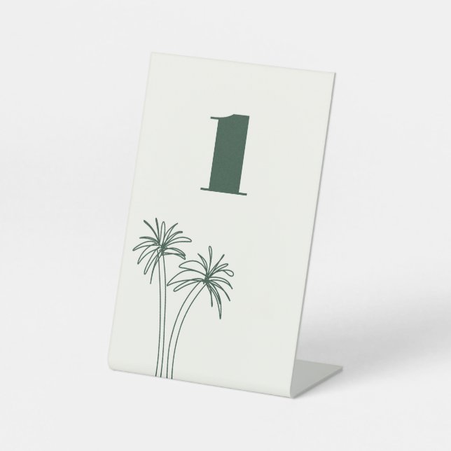 Green Minimalist Tropics Wedding Table Number Pedestal Sign (Front)