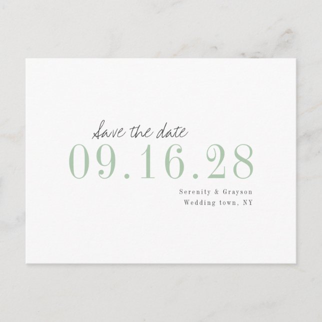 Green minimalist typographic wedding save the date announcement postcard (Front)