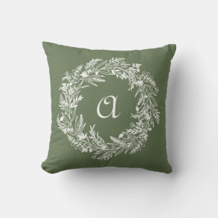Green Minimalist Wreath Botanical Letter A Cushion
