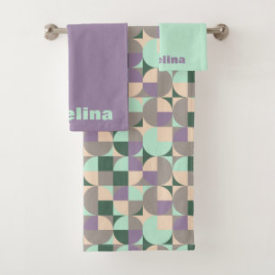 Green mint beige abstract geometric pattern name b bath towel set