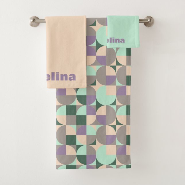 Green mint beige abstract geometric pattern name bath towel set (Insitu)