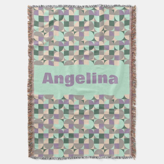 Green mint beige abstract geometric pattern name throw blanket (Front Vertical)