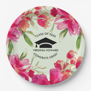 Green Mint Fuchsia Floral Graduation Party  Paper Plate
