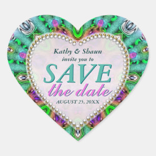 Green Mint & Pink Save the Date Heart Stickers