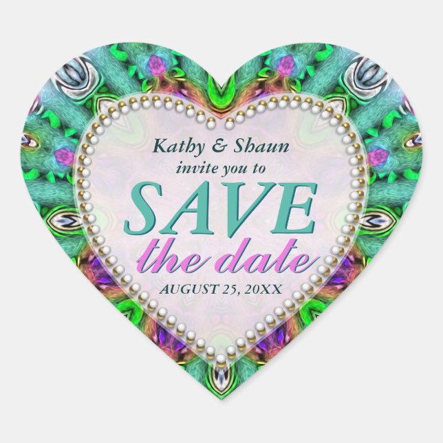 Green Mint & Pink Save the Date Heart Stickers (Front)