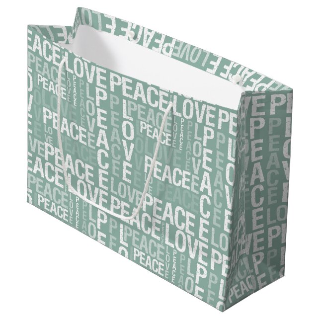 Green Mint White Peace Love Christmas Large Gift Bag (Front Angled)