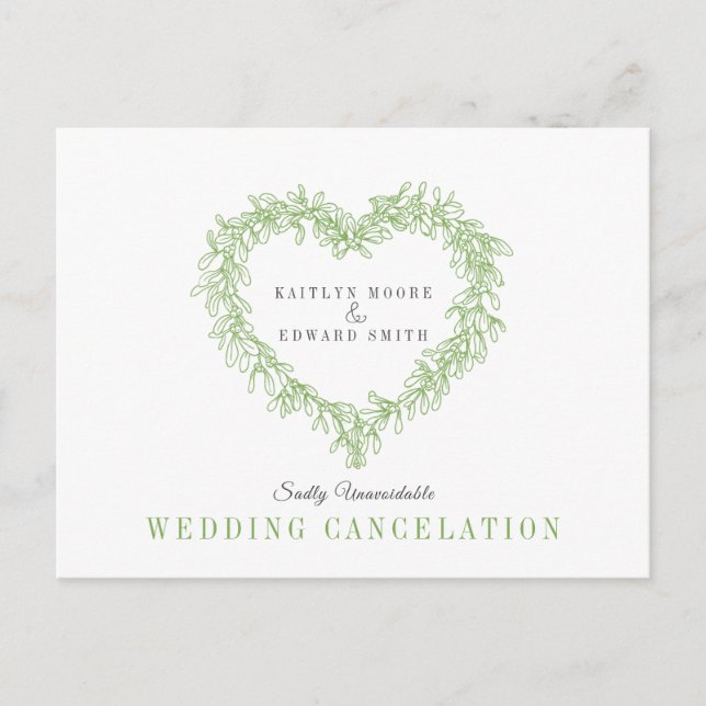 Green mistletoe heart wreath wedding cancellation announcement postcard (Front)