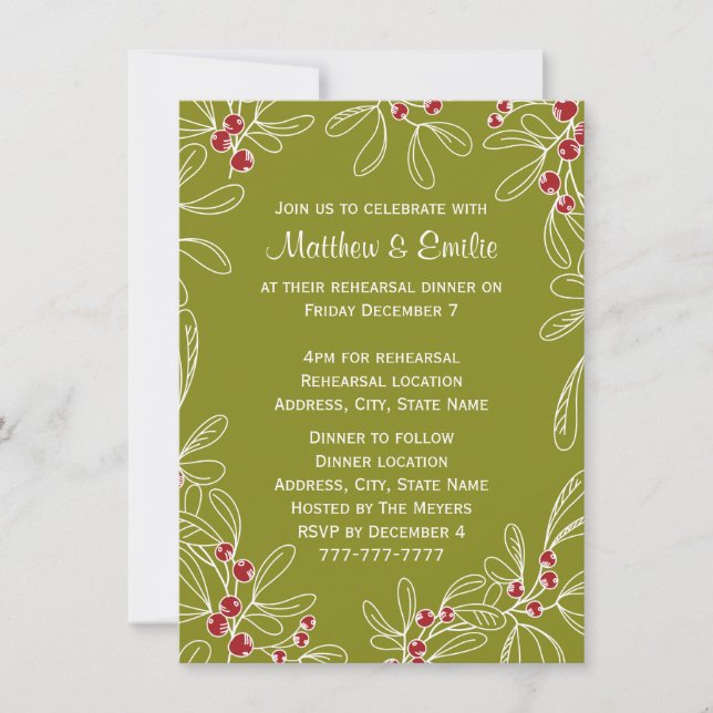 Green Mistletoe Holiday Rehearsal Dinner Invitation (Front)