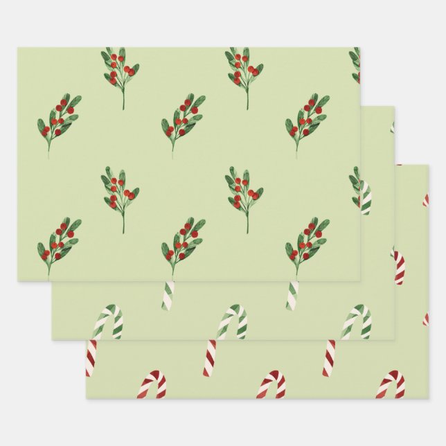 Green Mistletoe Red Berries and Red Candy Canes Wrapping Paper Sheet (Set)