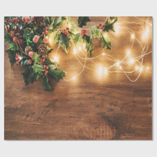 Green Mistletoe,String Lights,Wood Christmas Wrapping Paper