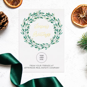 Green Mistletoe Wreath Company Logo Business Foil Holiday Card