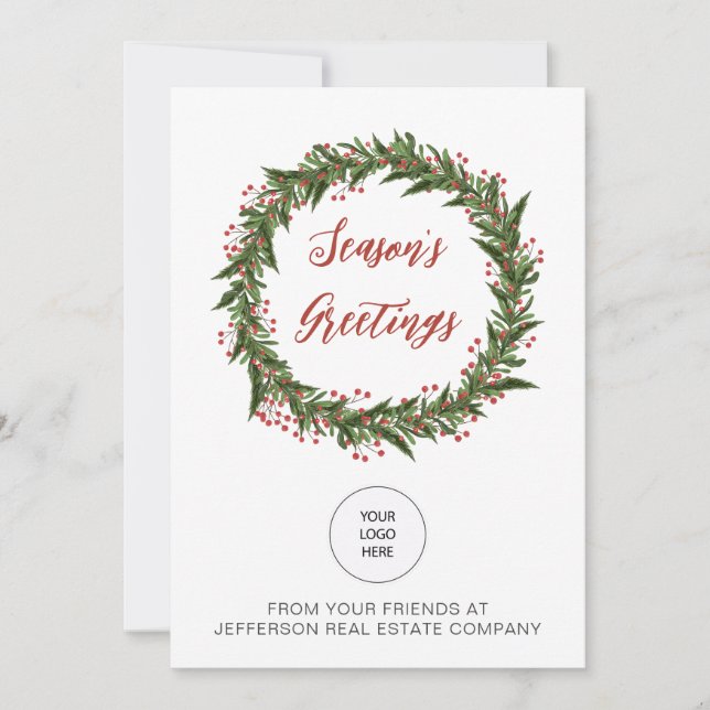 Green Mistletoe Wreath Company Logo Business  Holiday Card (Front)