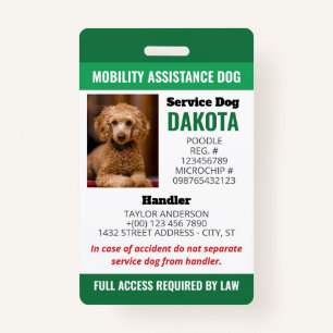 Green Mobility Assistance Dog Logo QR Photo ID ID Badge