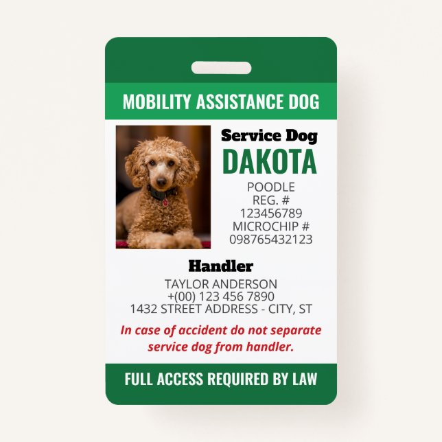 Green Mobility Assistance Dog Logo QR Photo ID ID Badge (Front)