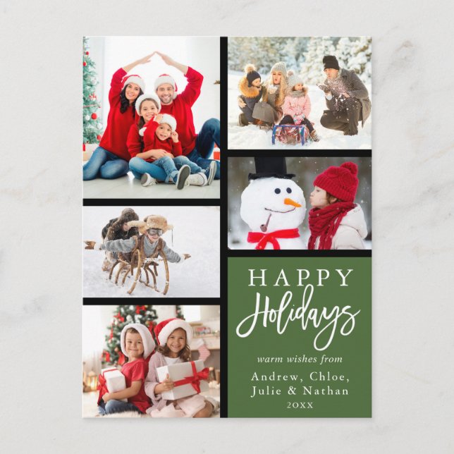 Green Modern 5 Photo Collage Christmas Holiday Postcard (Front)