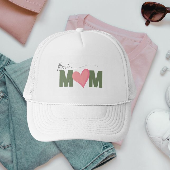 Green Modern Best Mum Pink Heart Mother's Day Trucker Hat (Creator Uploaded)