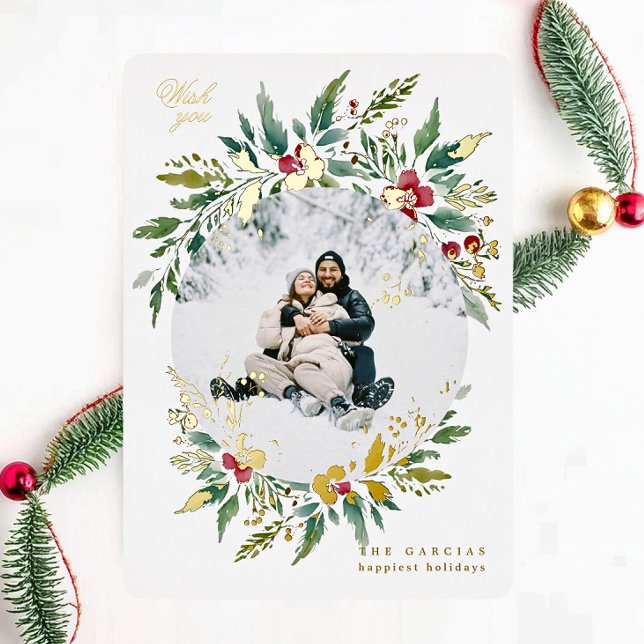 green modern big wreath one photo merry christmas foil holiday card (Creator Uploaded)