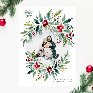 green modern big wreath one photo merry christmas holiday card