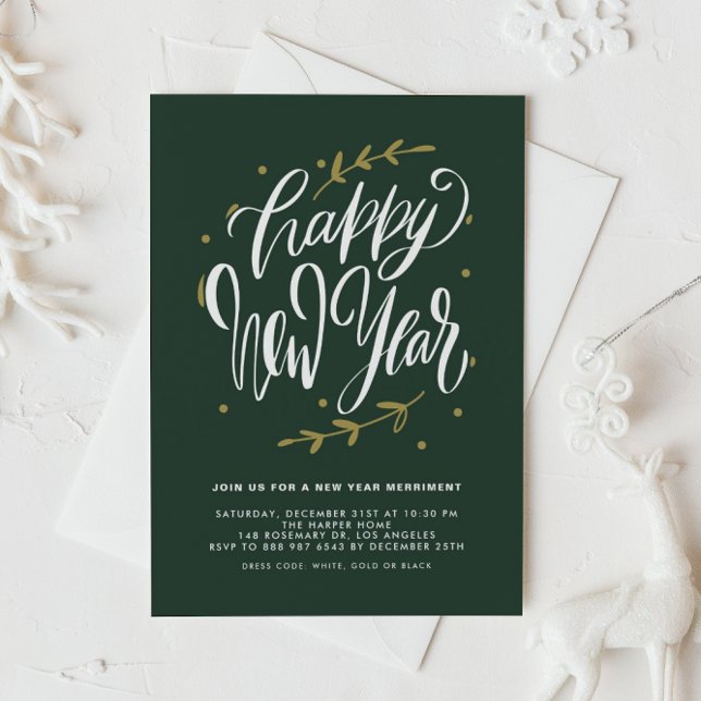 Green Modern Calligraphy and Wreath New Year Party Invitation (Customizable green New Year party invitation featuring modern calligraphy and foliage wreath.)