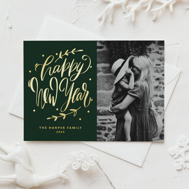 Green Modern Calligraphy and Wreath New Year Photo Foil Holiday Postcard (Customizable photo Happy New Year postcard featuring modern calligraphy and wreath in gold foil.)