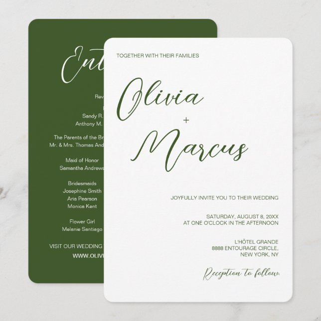 Green Modern Chic Script Wedding Entourage  Invitation (Front/Back)