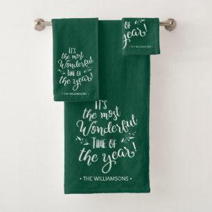 Green Modern Christmas Typography Personalized Bath Towel Set