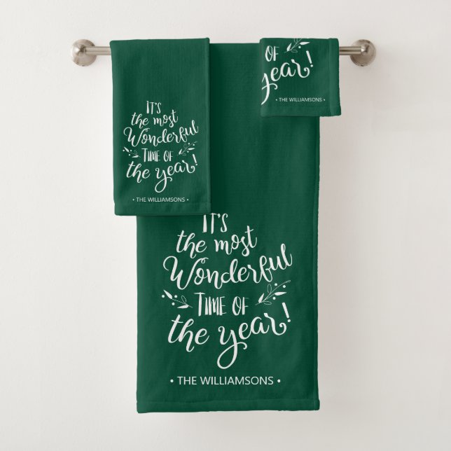 Green Modern Christmas Typography Personalized Bath Towel Set (Insitu)