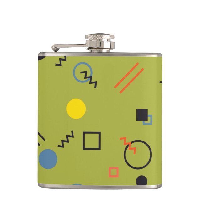 Green, modern, cool, trendy, urban,Memphis pattern Hip Flask (Front)