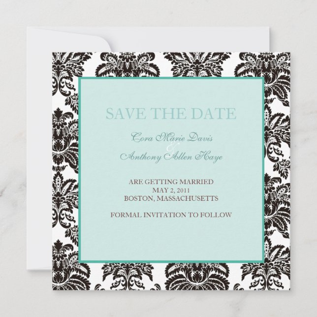 Green modern damask save the date card (Front)