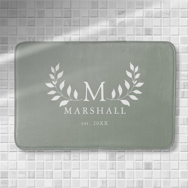Green Modern Elegant Floral Monogram Family Name Bath Mat (Green Modern Elegant Floral Monogram Family Name Bath Mat)