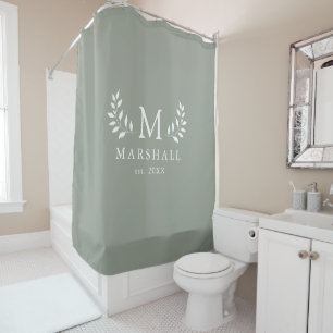 Green Modern Elegant Floral Monogram Family Name Shower Curtain