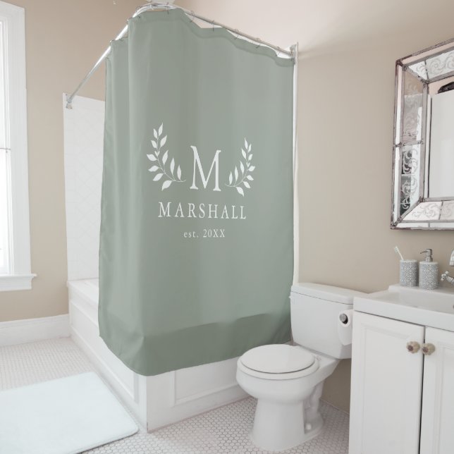 Green Modern Elegant Floral Monogram Family Name Shower Curtain (In Situ)