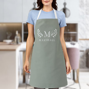 Green Modern Elegant Floral Monogram Name Apron