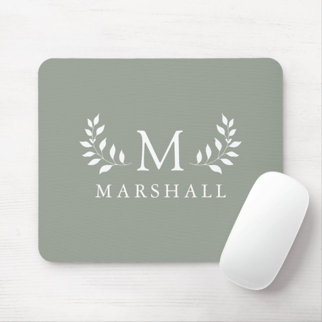 Green Modern Elegant Floral Monogram Name Mouse Mat (With Mouse)