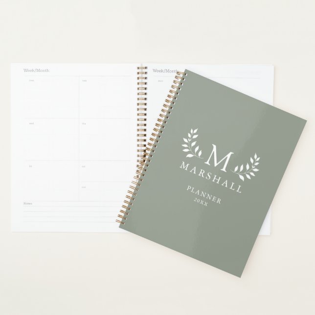 Green Modern Elegant Floral Monogram Name Planner (Display)