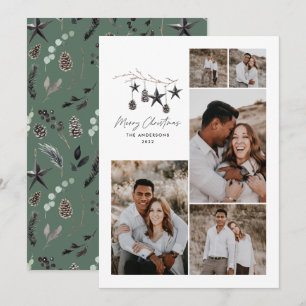 Green modern elegant script Christmas multi photo Holiday Card