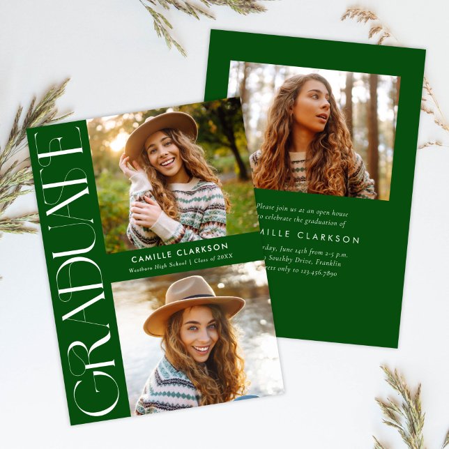 Green Modern Elegant Three Photo Graduation Invitation (Creator Uploaded)