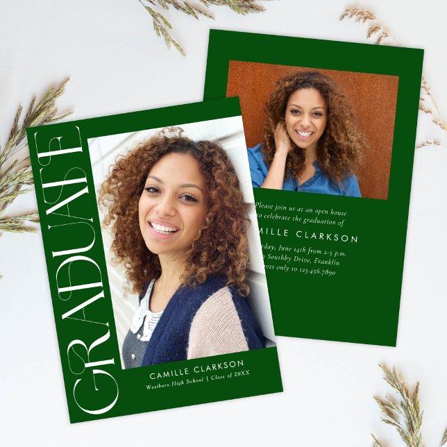 Green Modern Elegant Vertical Two Photo Graduation Invitation (Creator Uploaded)