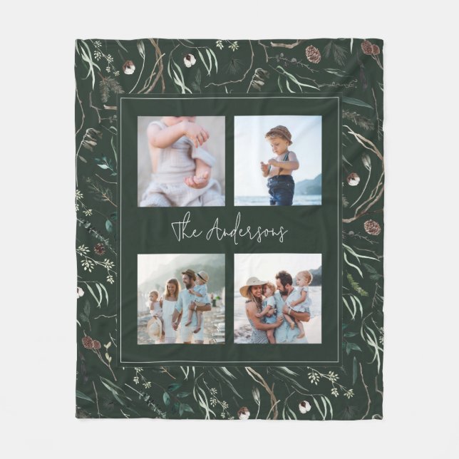Green modern elegant watercolor botanical 4 photo fleece blanket (Front)