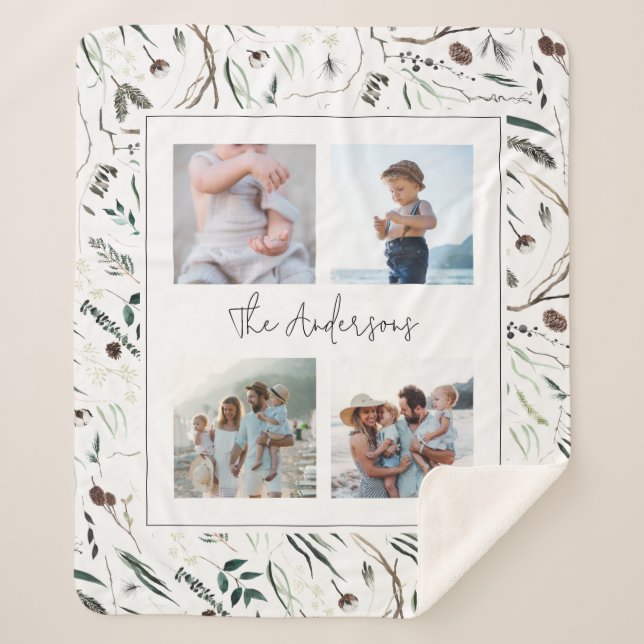 Green modern elegant watercolor botanical 4 photo sherpa blanket (Front)