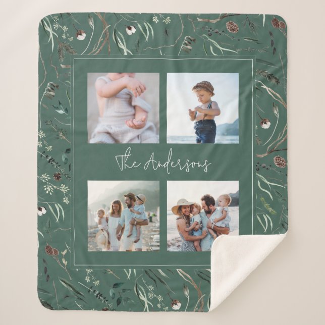 Green modern elegant watercolor botanical 4 photo  sherpa blanket (Front)