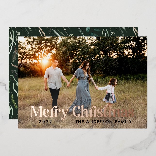Green modern elegant watercolor botanical rustic foil holiday card (Front/Back)