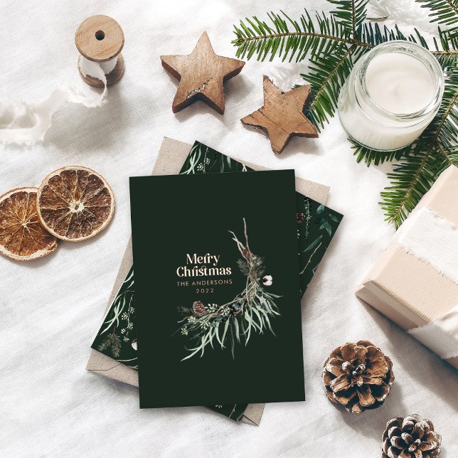 Green modern elegant watercolor botanical rustic foil holiday card (Creator Uploaded)