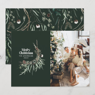 Green modern elegant watercolor botanical rustic holiday card