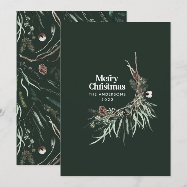 Green modern elegant watercolor botanical rustic holiday card (Front/Back)