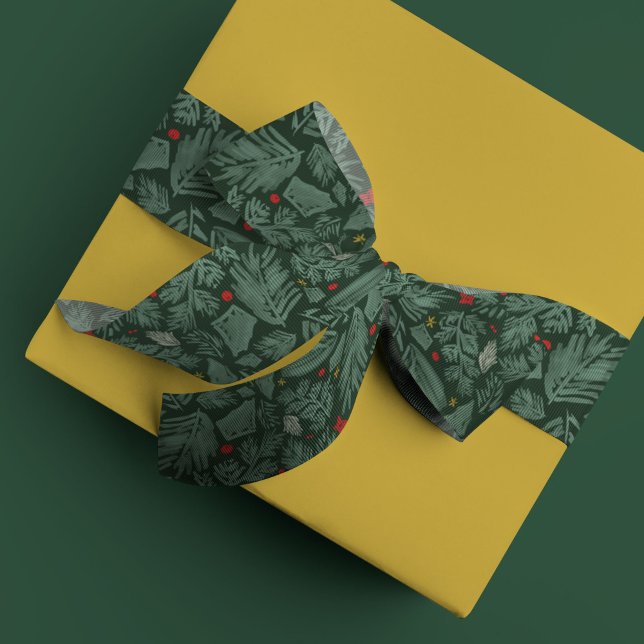 Green Modern Festive Botanical Holiday Satin Ribbon (Gorgeous green festive botanical holiday ribbon.)