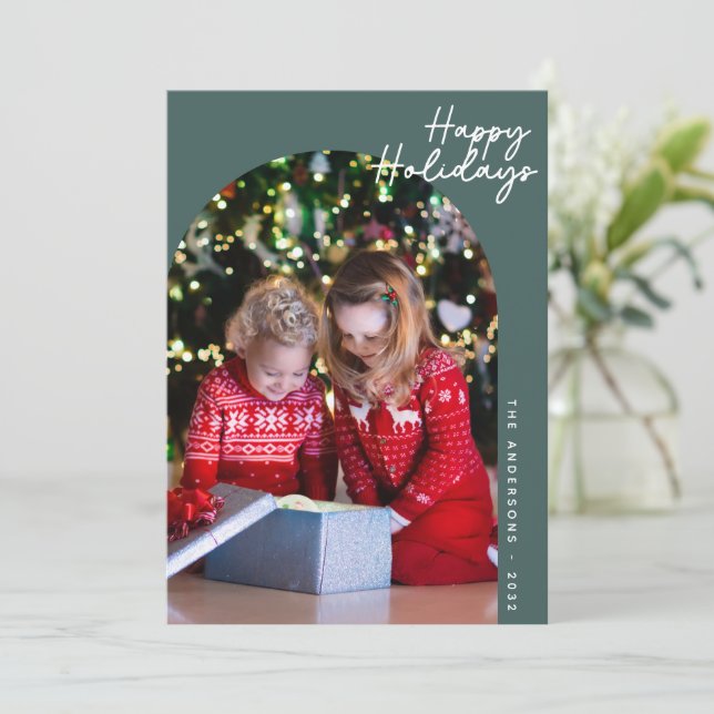 Green Modern Happy Holidays Arch Photo Holiday Card (Standing Front)