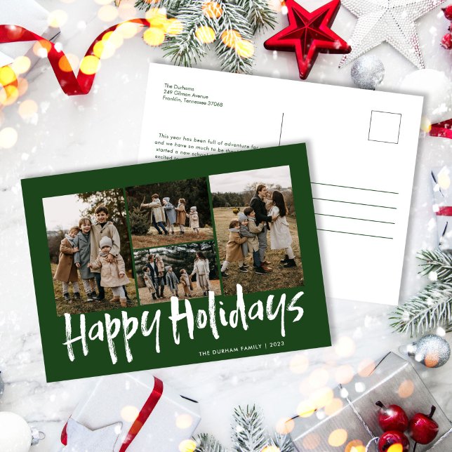 Green Modern Lettering Five Photo Happy Holiday Postcard (Creator Uploaded)